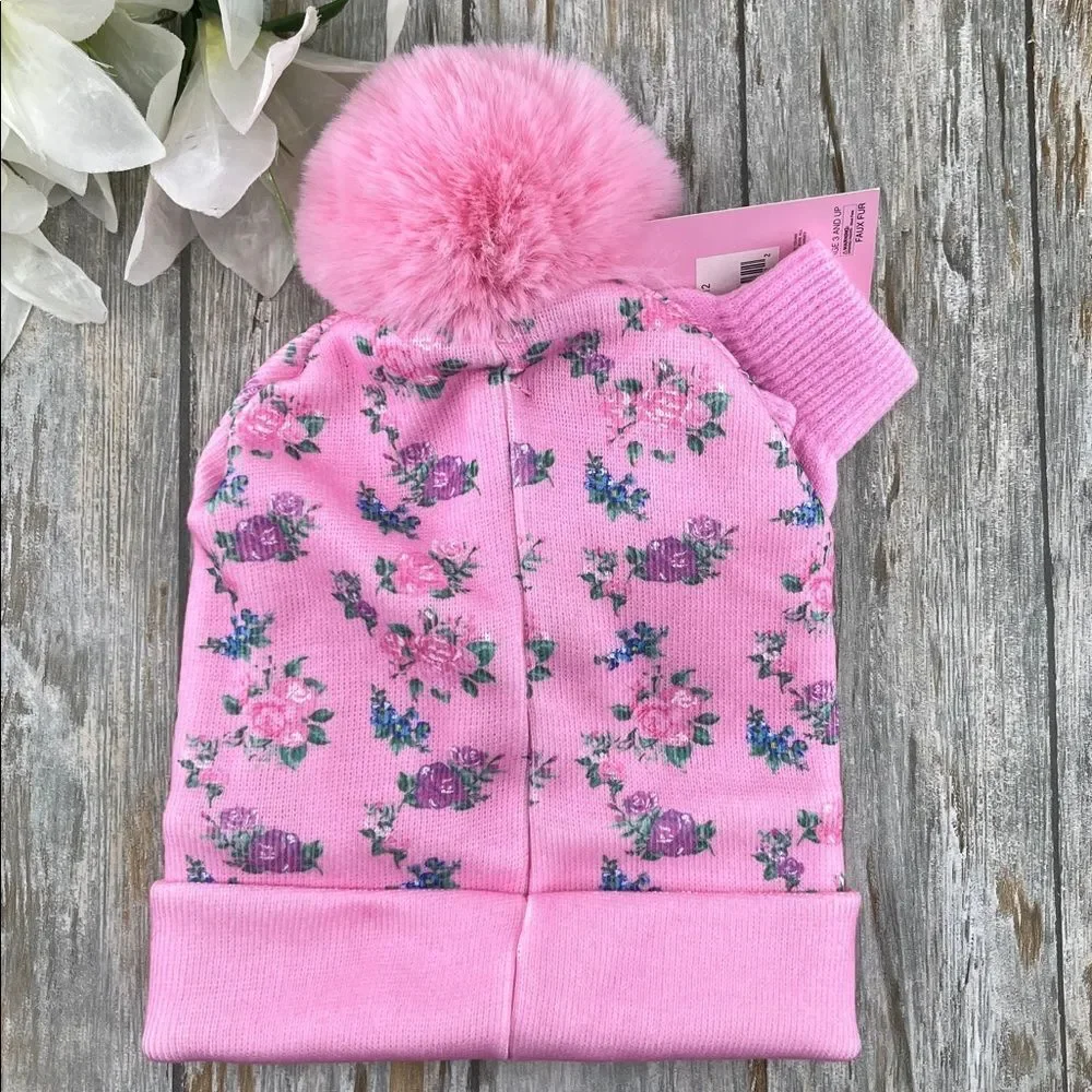 Pink Floral Rhinestone Jewel Hat and Gloves Set